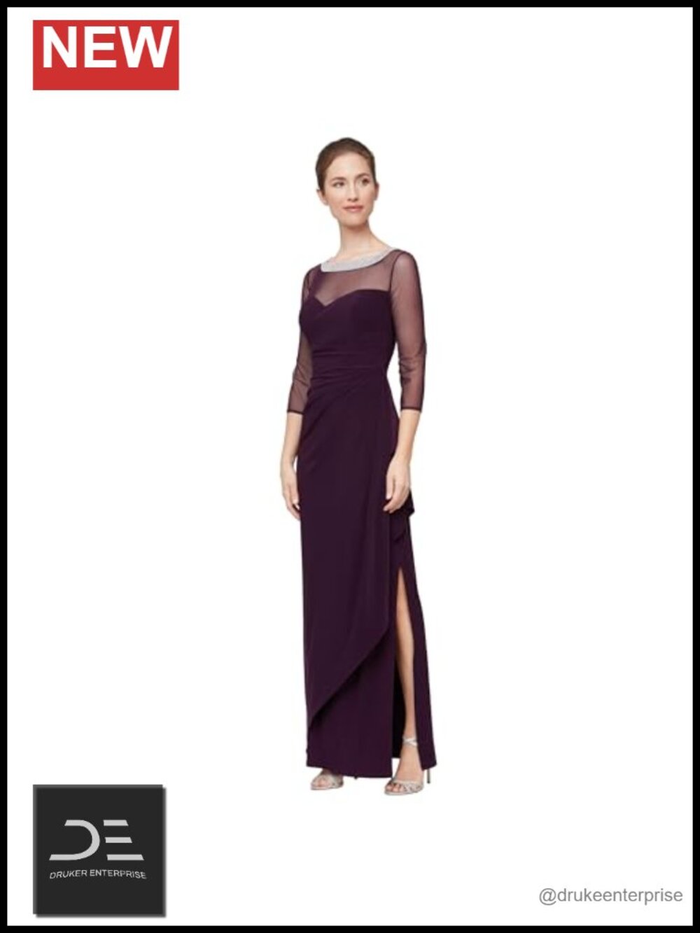 Petite Long Matte Jersey A-Line Dress 3/4 Illusion Sleeves Formal